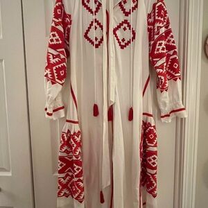 White and Red Embellished Bishop Sleeve Dress